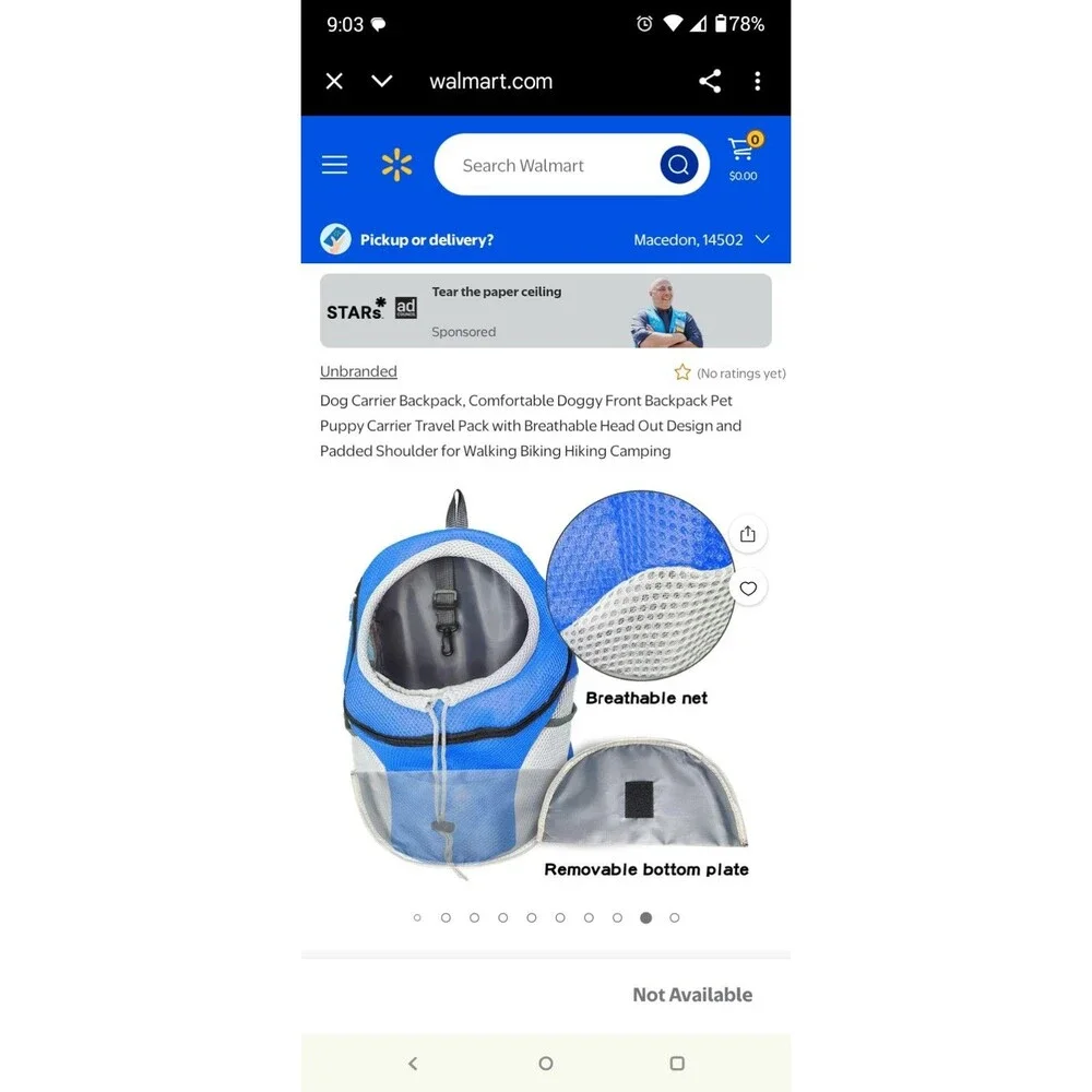 Dog Carrier Pet Sports Backpack Peek A Boo Hole Royal Blue Soft Side Adjustable